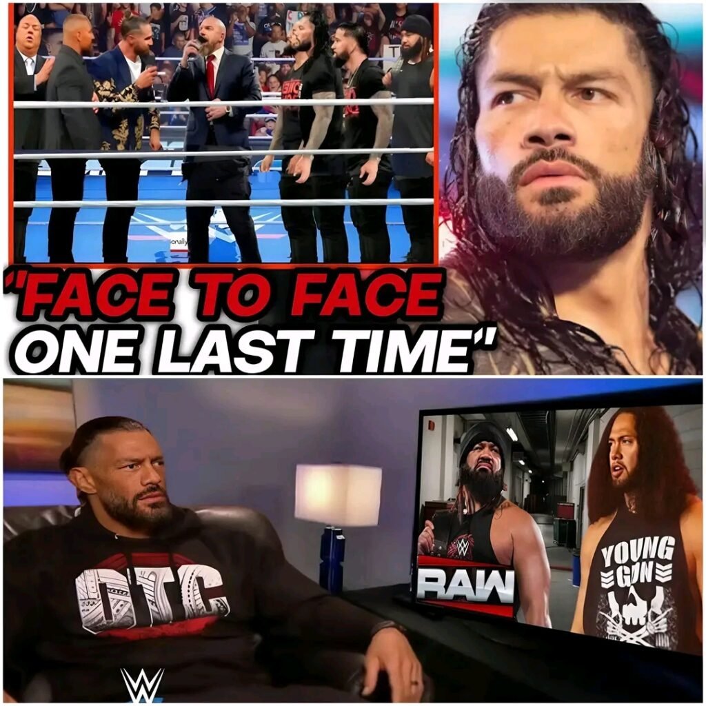 FACE TO FACE ROMAN REIGNS NEW BLOODLINE WITH JACOB FATU SQUARE OFF WITH SETH ROLLINS NEW TEAM